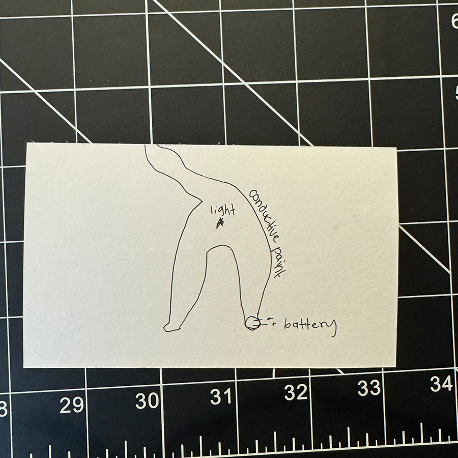 I wanted to experiment with the conductive paint. I wanted to make a cats butt light up so I drew out a circuit diagram to explore my idea. 