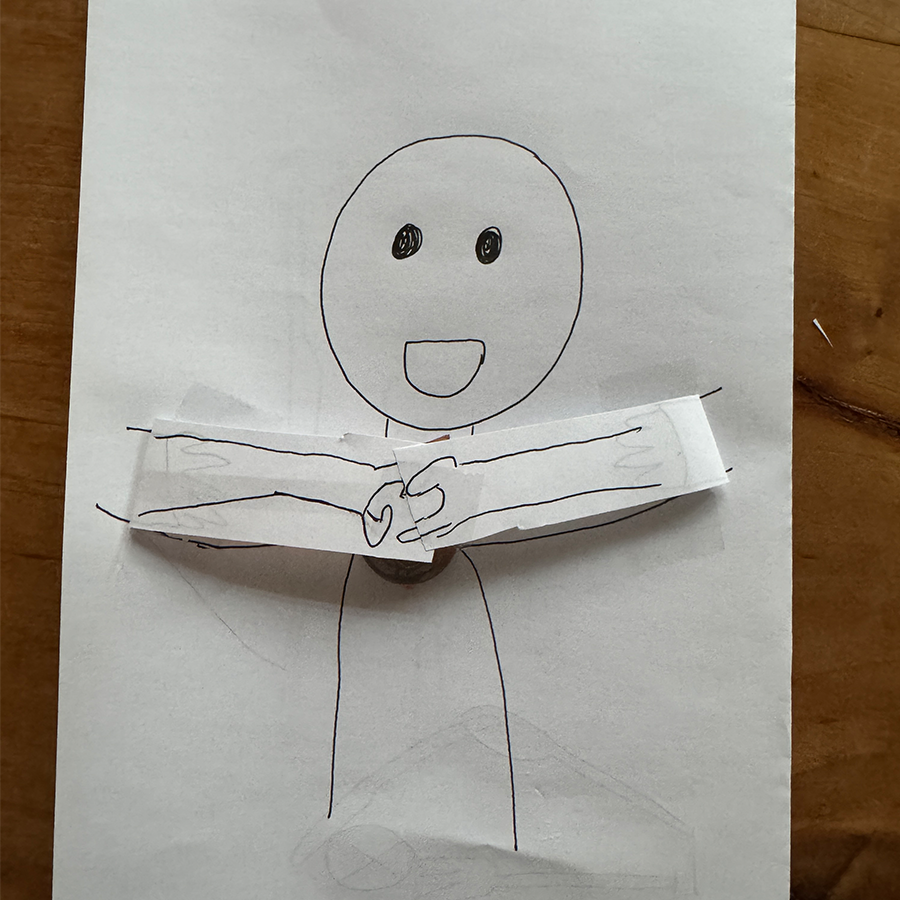 When you close his arms he creates a hand heart.