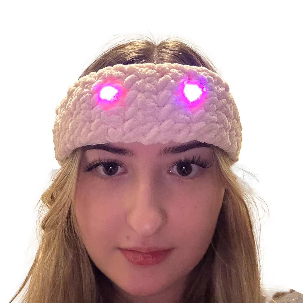 This is a picture of me wearing the headband. The lights are activated by pressure so they are on in this picture because my head is pressing on it. The lights turn off when the headband is not being worn because there is no pressure to activate it.