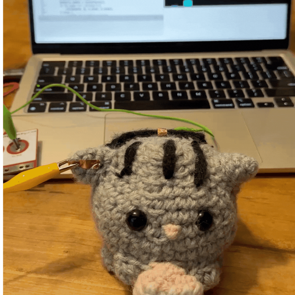 crochet cat with copper tape