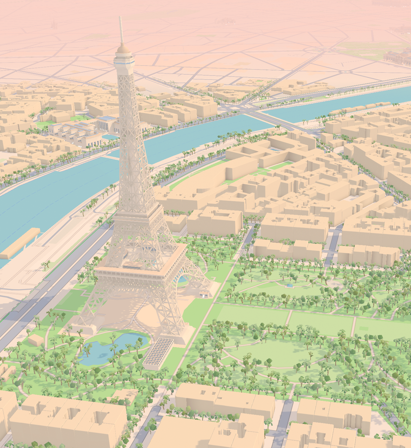 3D map of Eiffel tower in Paris at dawn