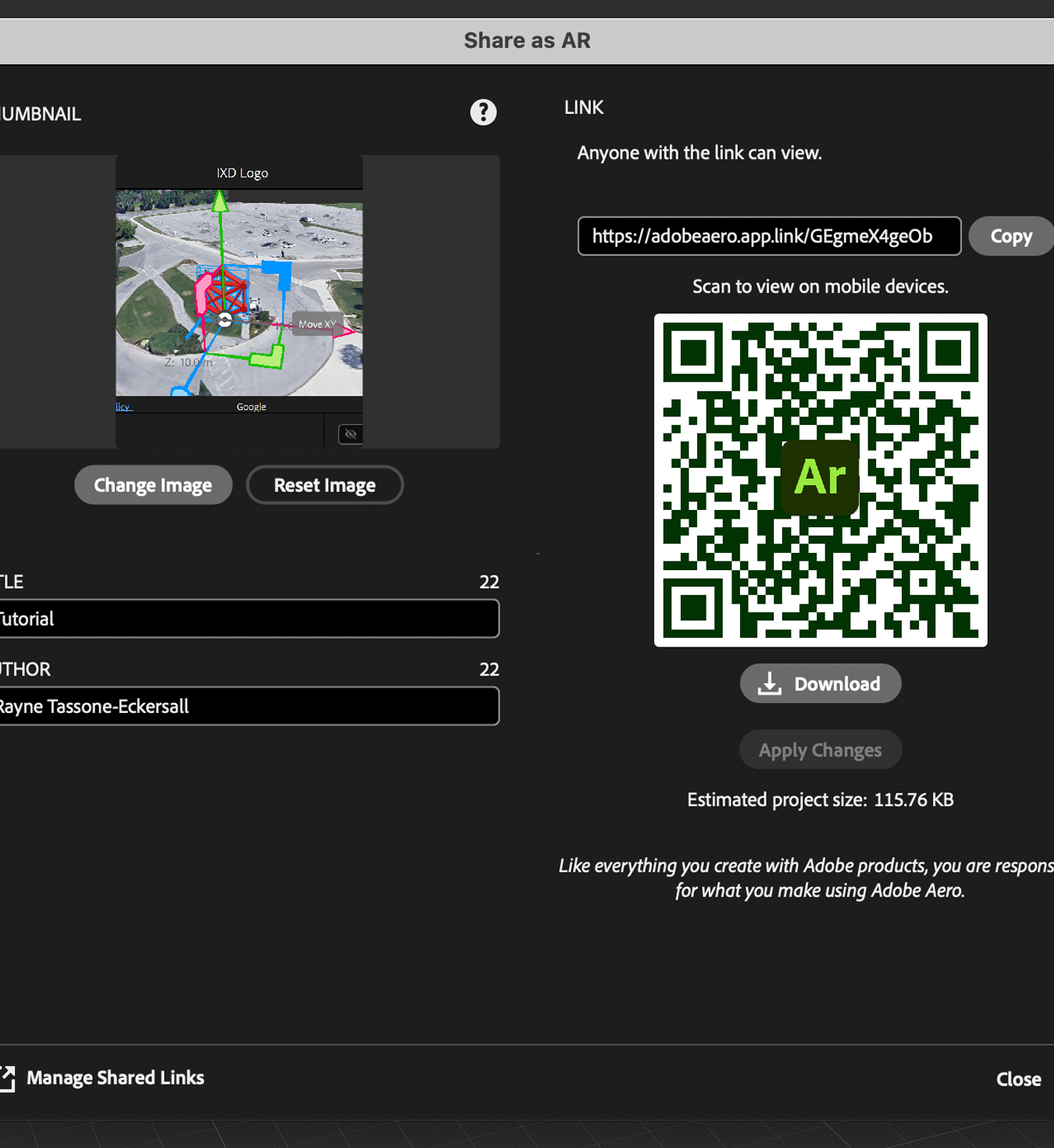 screenshot of QR code for IXD logo adobe aero project