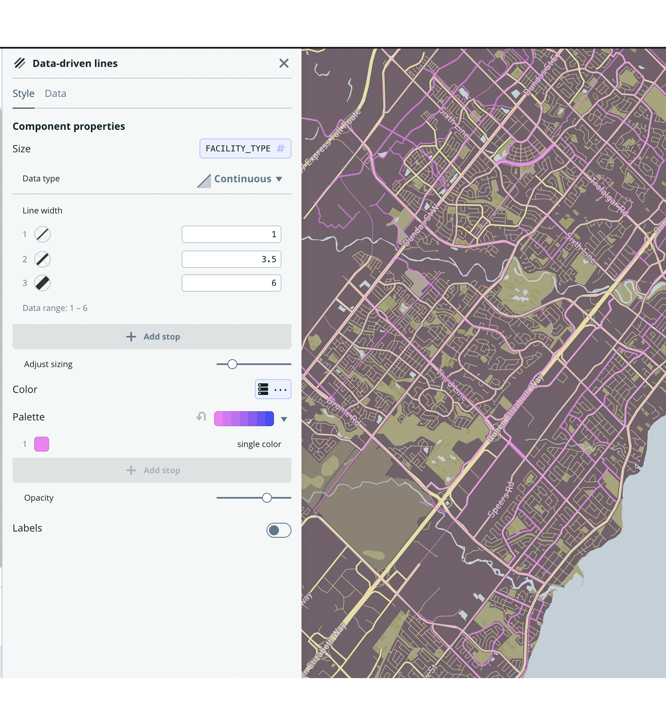 screenshot of bike lane routes in oakville