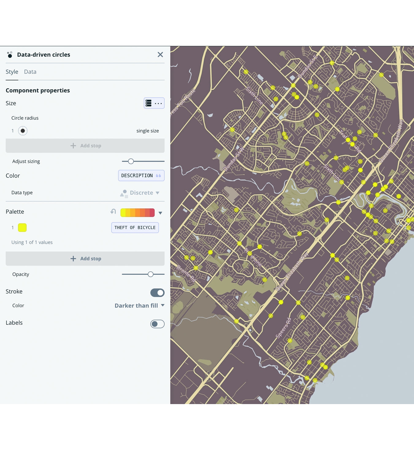 map of data showing bike theft in oakville