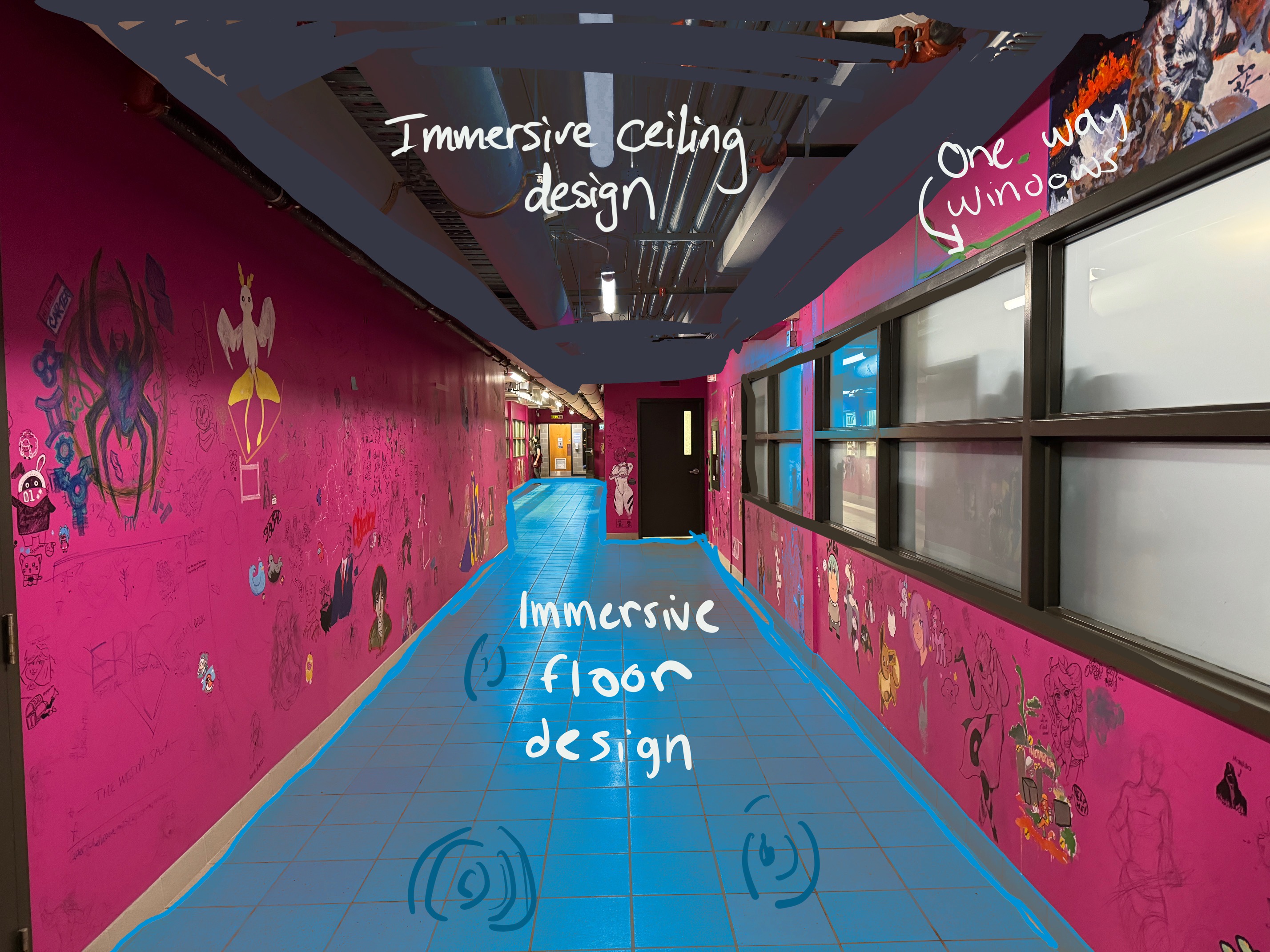 turning the art hallway into a more interactive experience with floors that ripple as you walk through and a ceiling that is also immersive