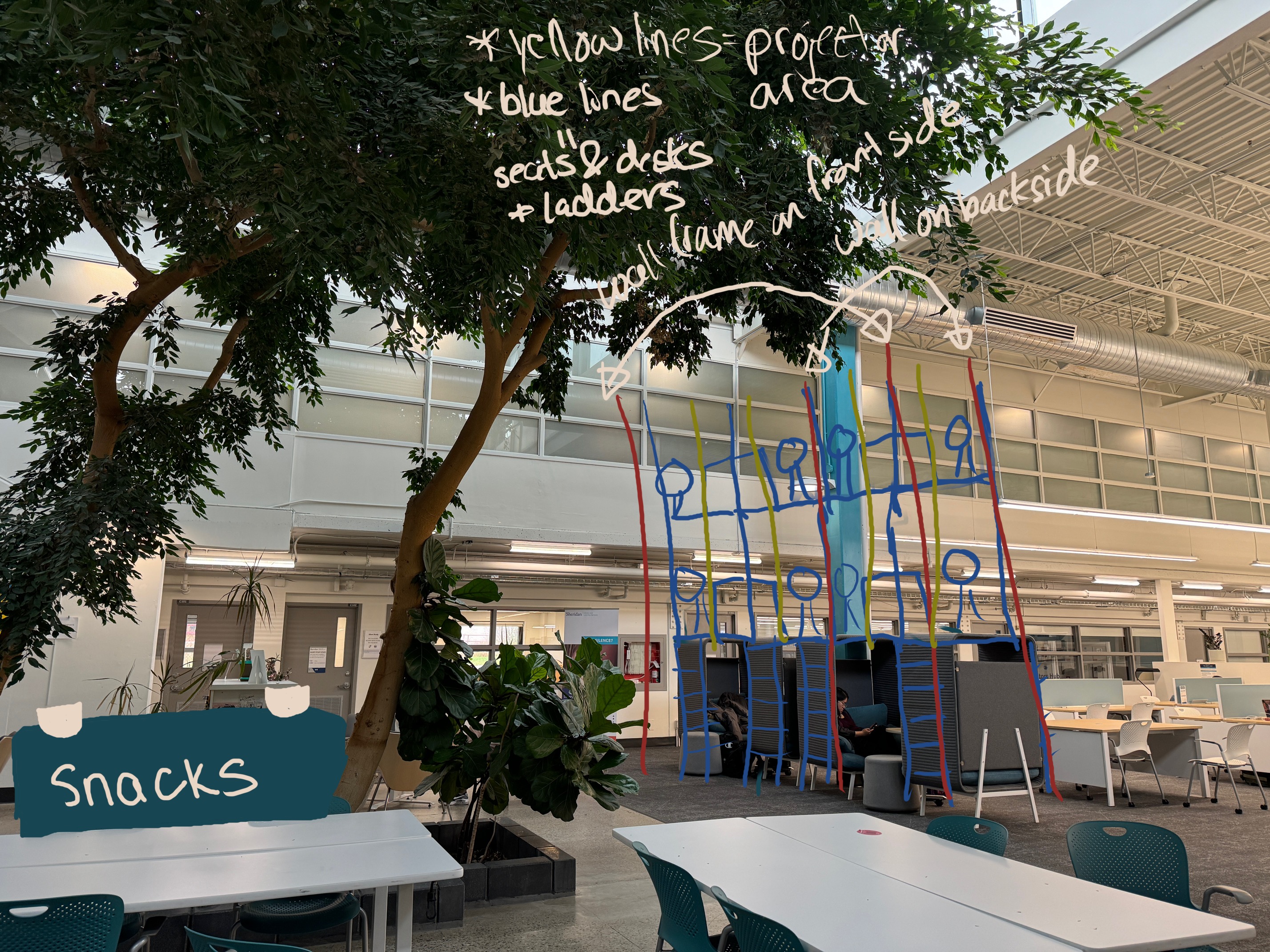 we made the library more space effective by stacking the study cubes and adding ladders and projectors surrounding them to make it more cozy. We also added a snack bar. 